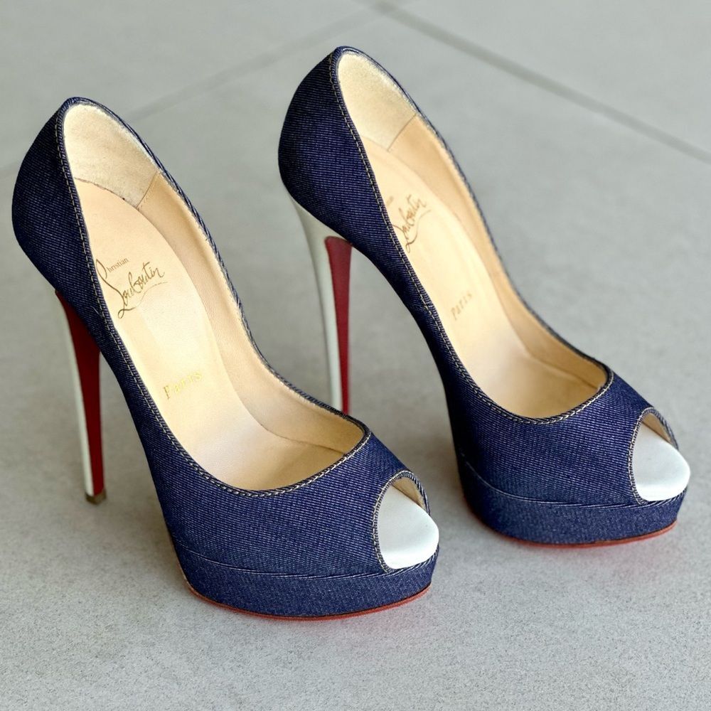Christian Louboutin Lady Peep Open Toe Platform Blue Denim Pumps Size 38.5